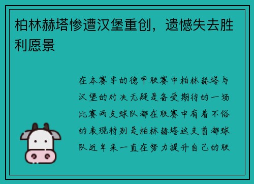 柏林赫塔惨遭汉堡重创，遗憾失去胜利愿景